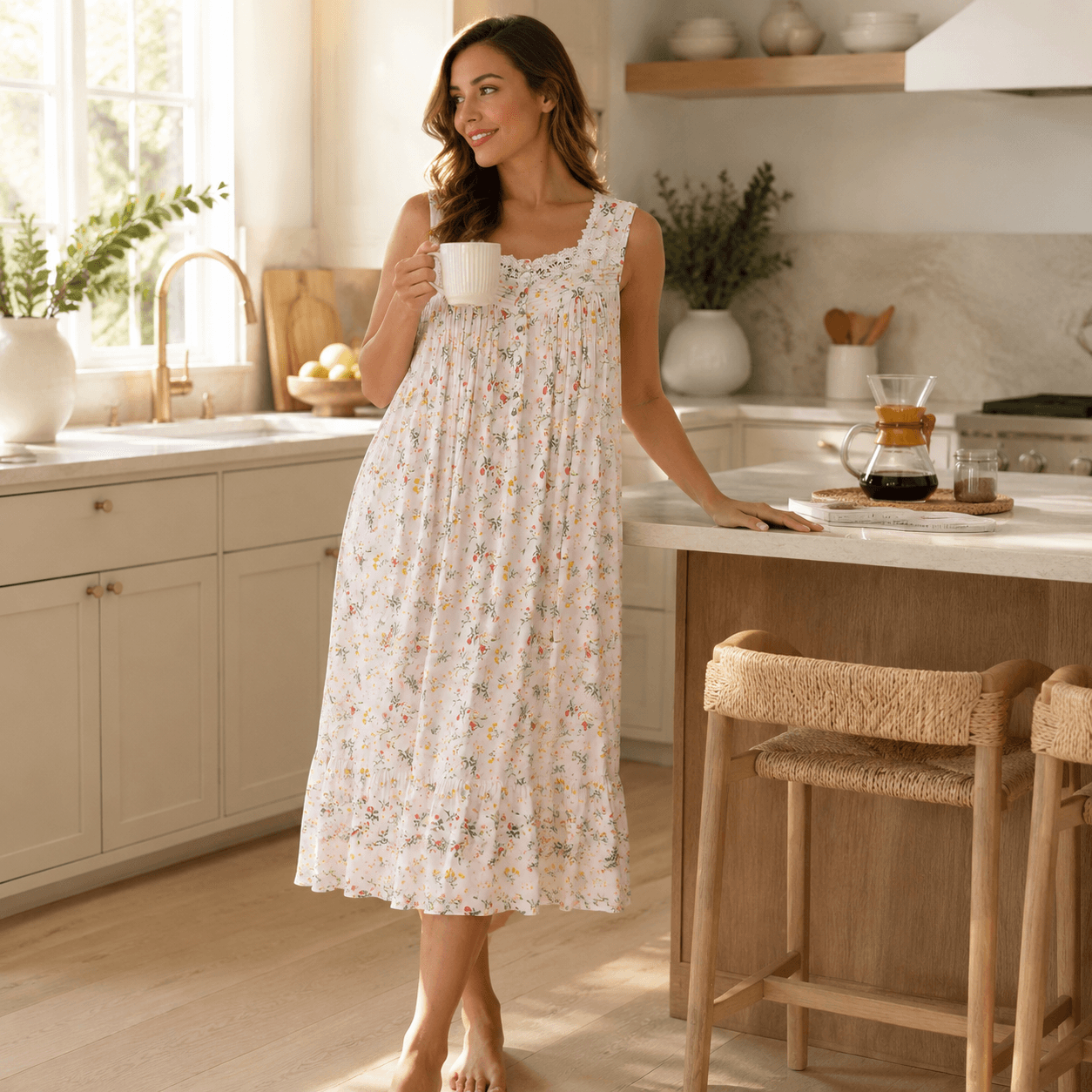 AVIIER cotton nightgown in a bright kitchen